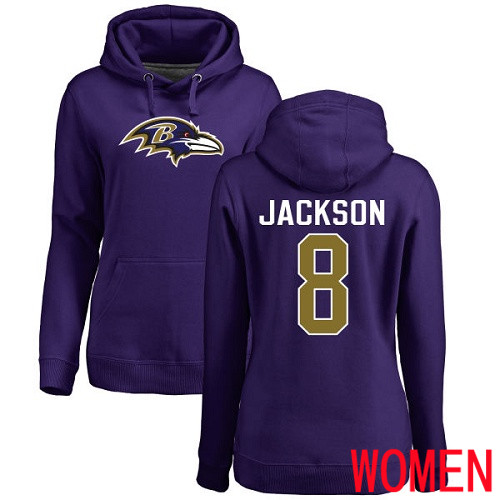 Baltimore Ravens Purple Women Lamar Jackson Name and Number Logo NFL Football 8 Pullover Hoodie Sweatshirt